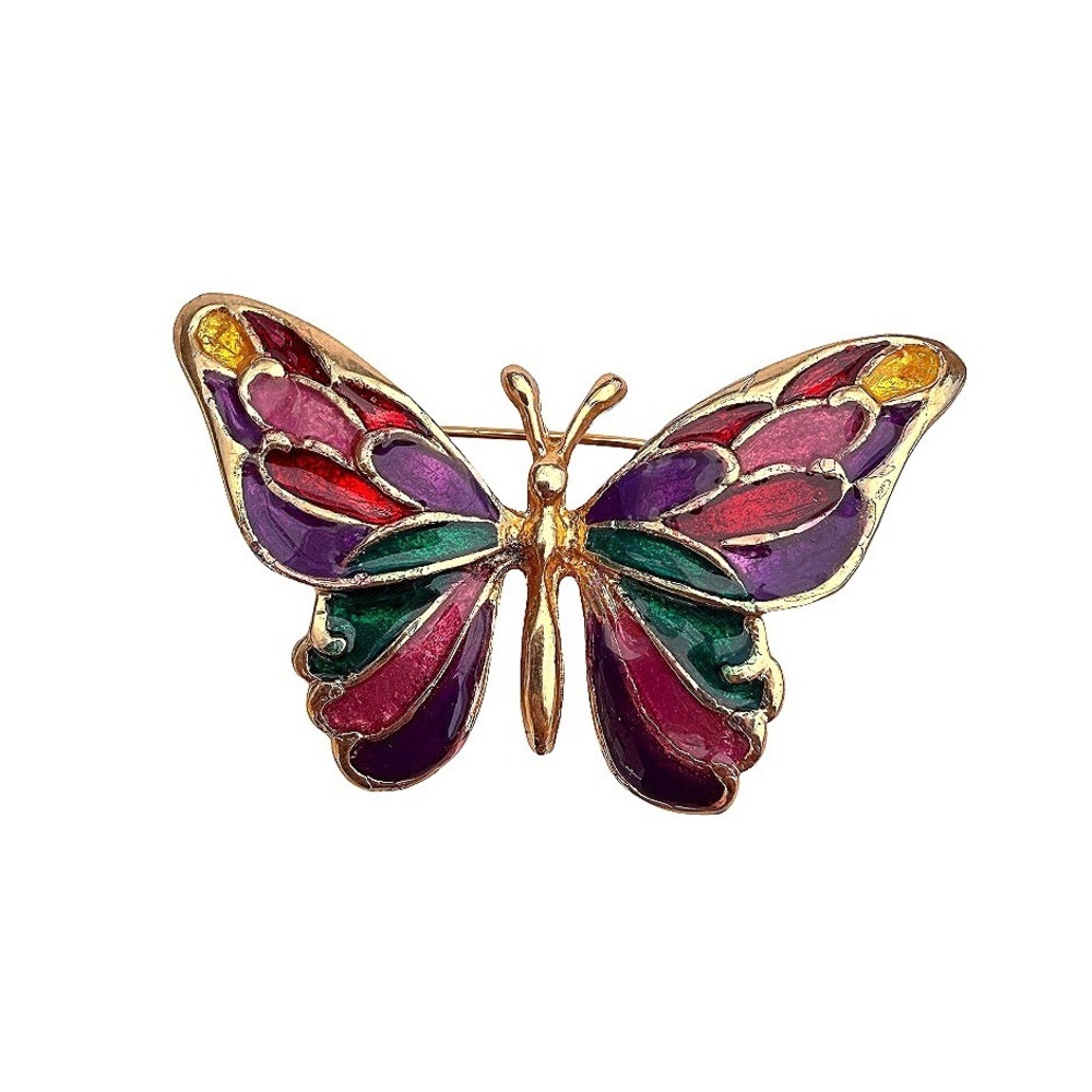VTG Butterfly Brooch Lapel Pin Multicolor Enamel Gold Tone Costume Jewelry